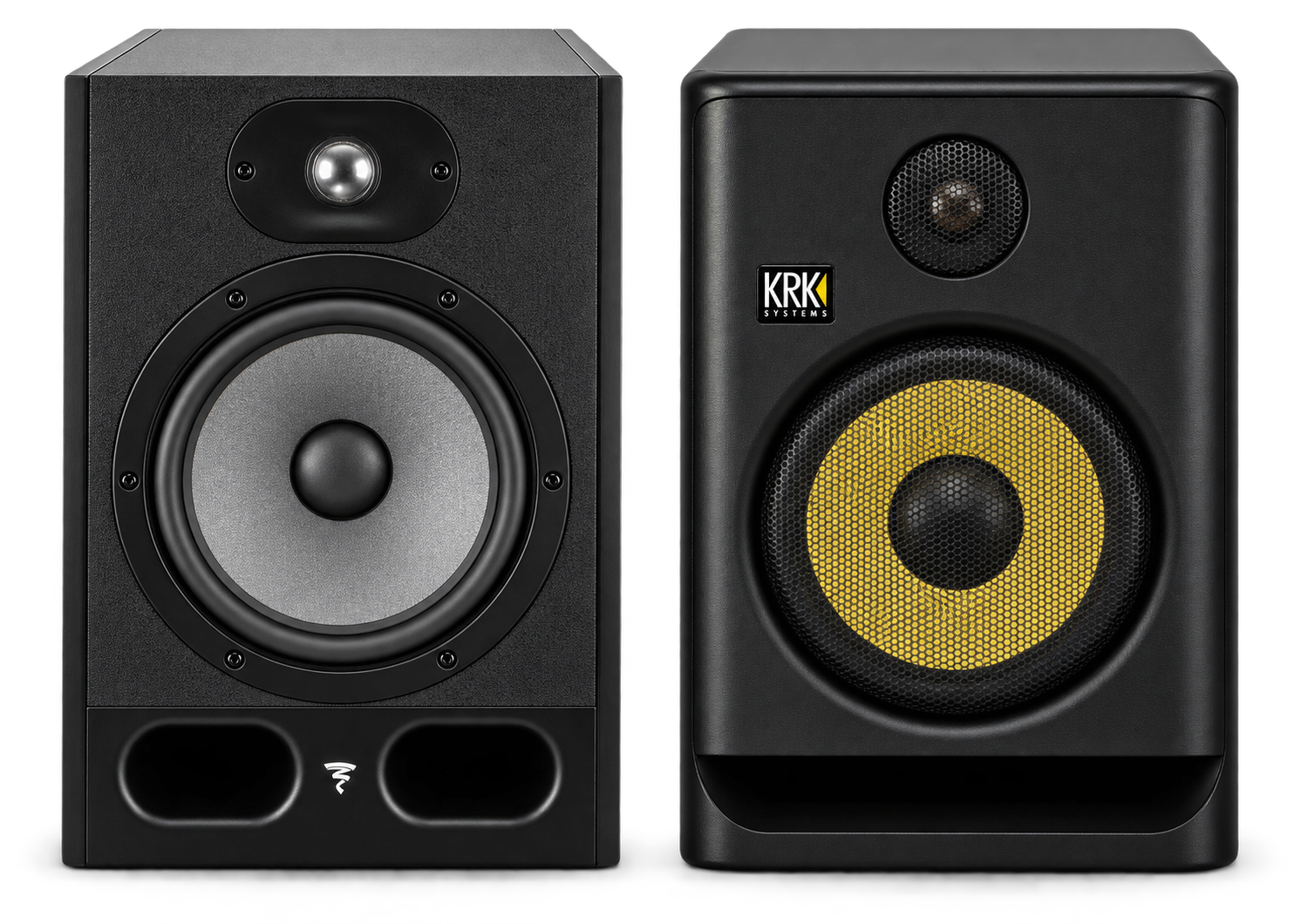 A Focal studio monitor and a KRK studio monitor with its yellow speaker cone.