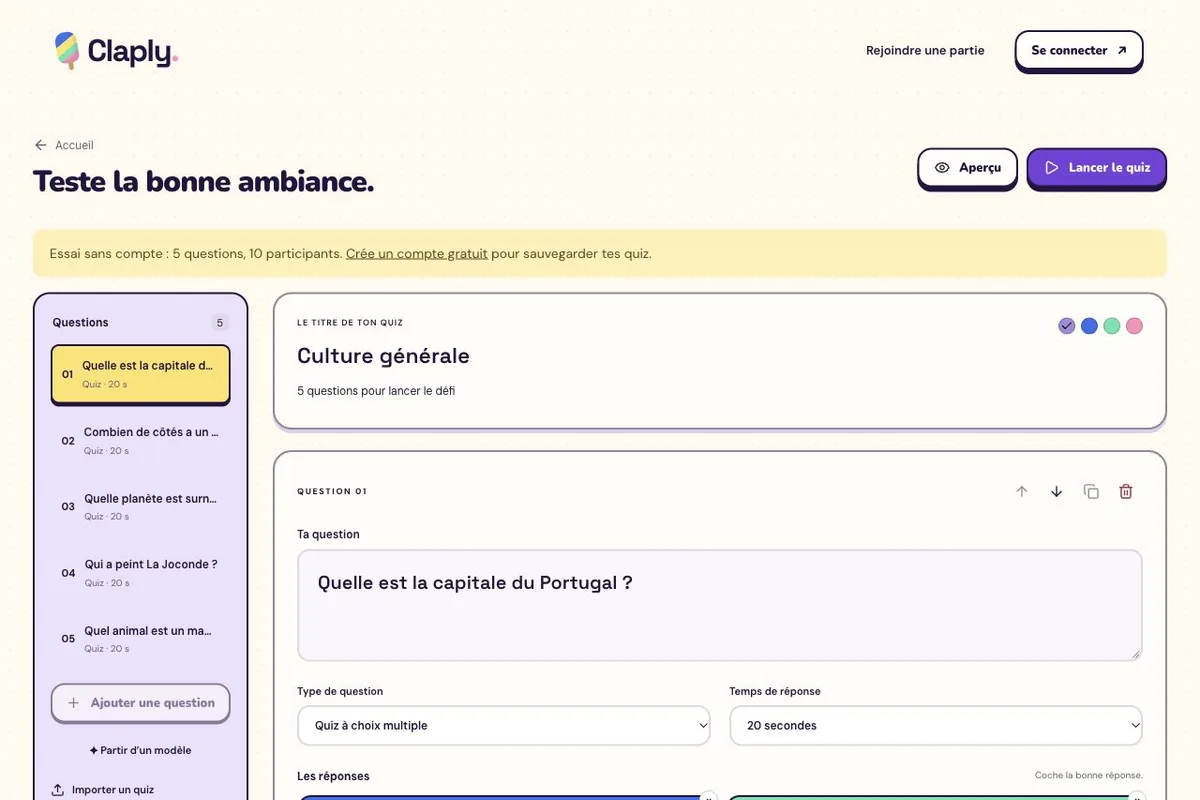 Aperçu de la plateforme de quiz et sondages Claply.